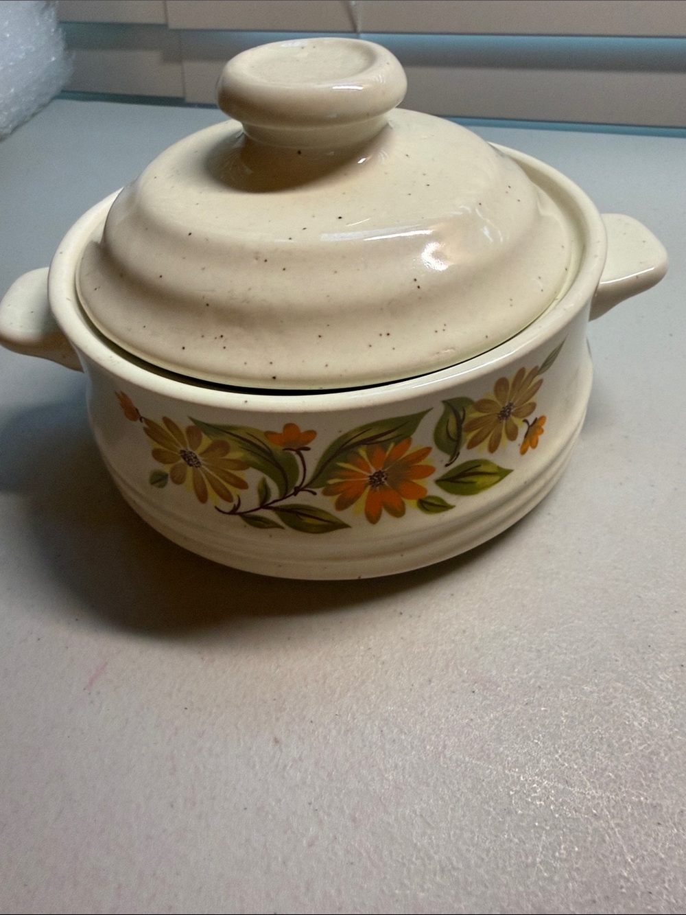 Vintage Capri Cream Stoneware Casserole Dish with Orange Floral Pattern